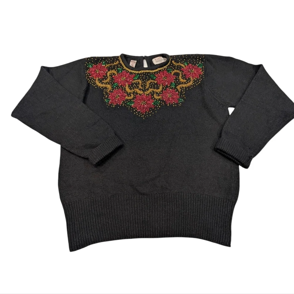 Vintage Karin Scott Petites beaded poinsettia Silk/Angora/Wool sweater. PMedium